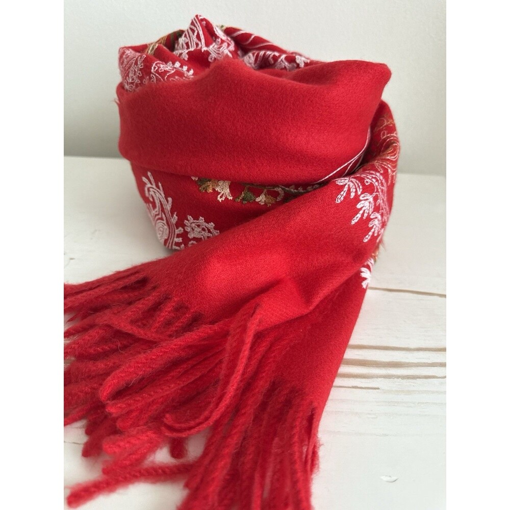 Red Cashmere Embroidered Paisley Shawl Wrap Fringe Boho Scarf